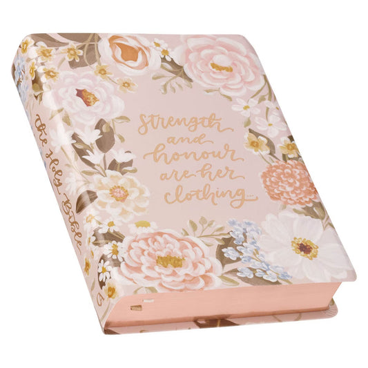 Peach Floral Margo Collection Faux Leather King James Version Note-taking Bible - Proverbs 31:25