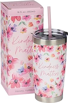 Kindness Matters Pink Cosmos Stainless Steel Travel Mug with Reusable Straw