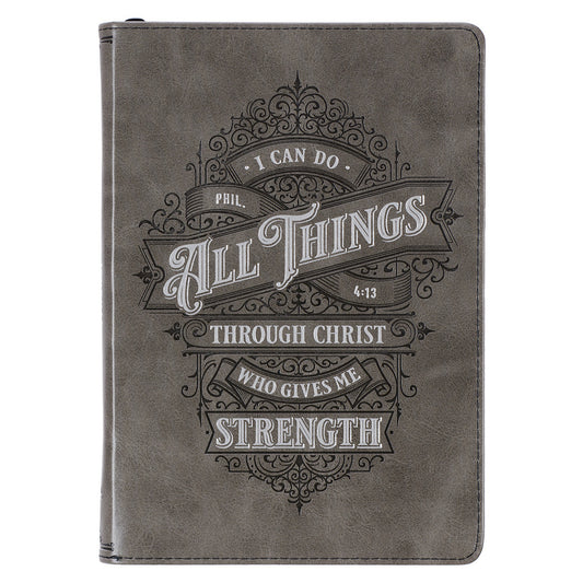 All things through Christ Gray Faux Leather Classic Journal with Zipper Closure - Philippians 4:13
